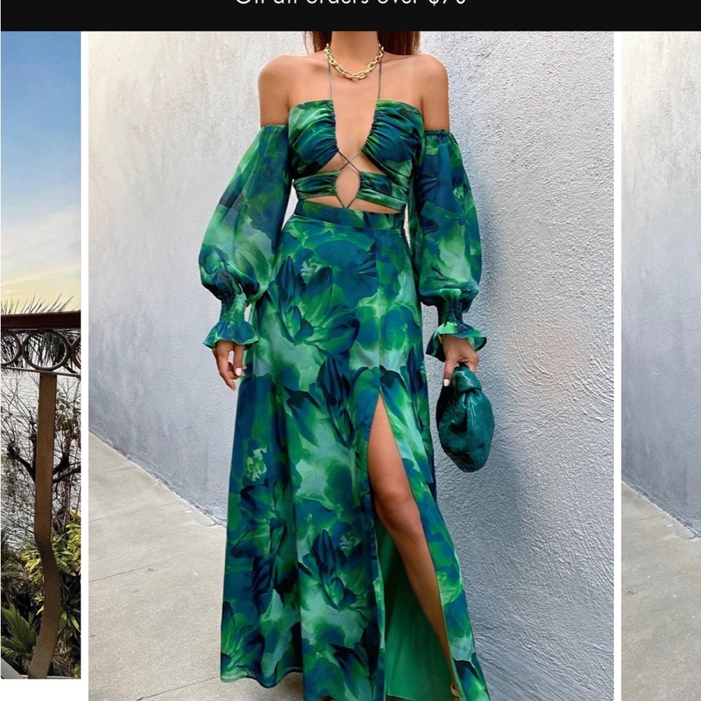 Green Floral Off-Shoulder Maxi Dress with High Slit